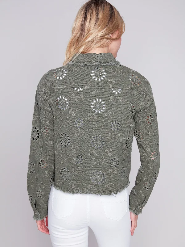 Embroidered Eyelet Denim Jacket - Celadon