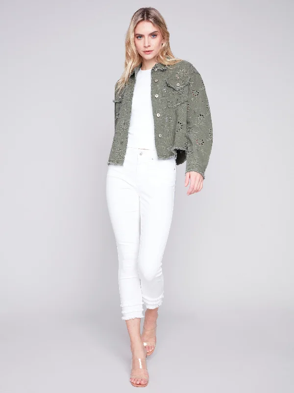 Embroidered Eyelet Denim Jacket - Celadon