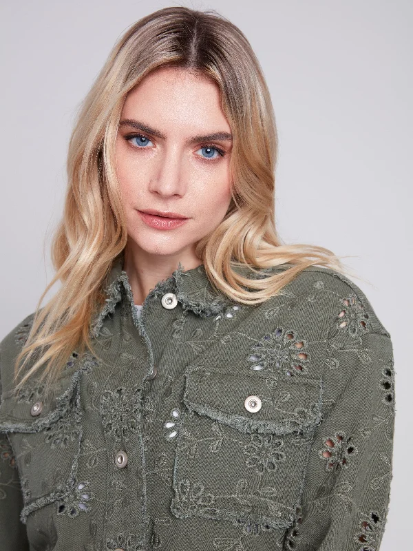 Embroidered Eyelet Denim Jacket - Celadon