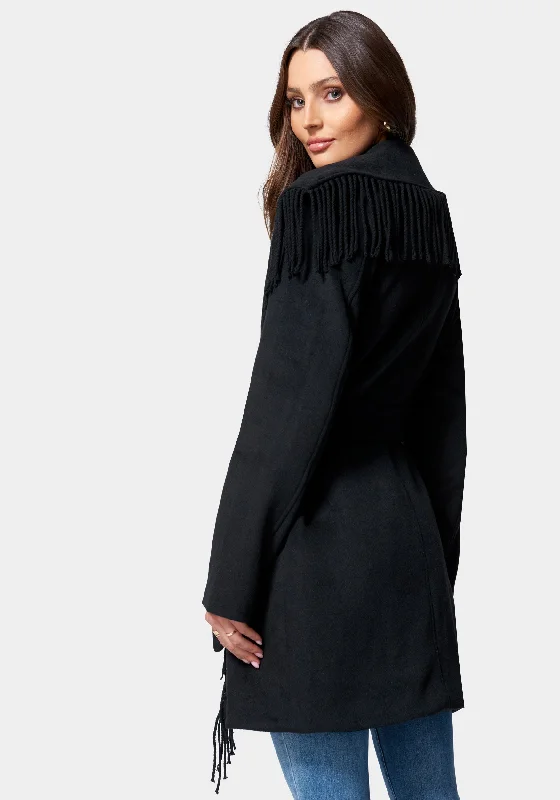 Fringe Detail Tie Waist Wrap Coat