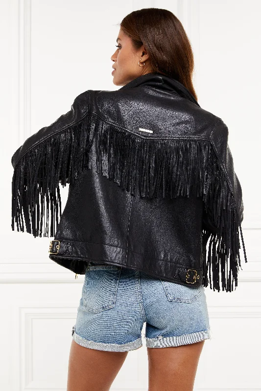 Fringed Leather Biker Jacket (Black)