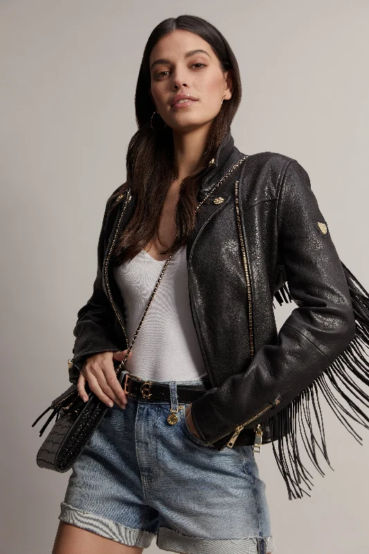 Fringed Leather Biker Jacket (Black)