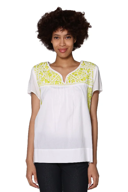 La Cera Cap Sleeve Hand Embroidered White Top