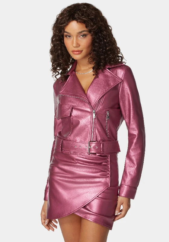 Metallic Vegan Leather Zipper Detail Moto Jacket