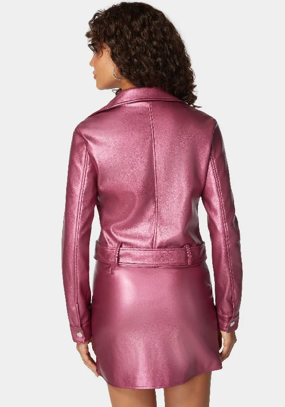 Metallic Vegan Leather Zipper Detail Moto Jacket