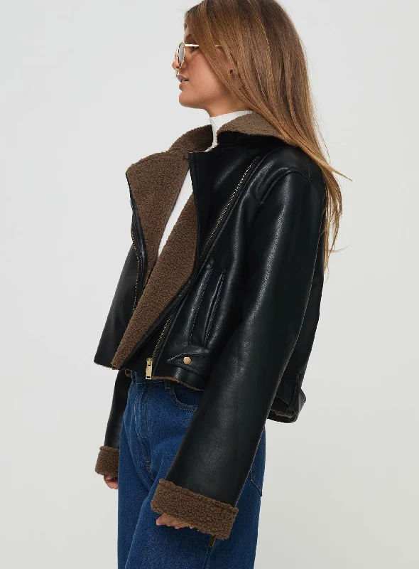 Shearling Trim Faux Leather Jacket Black