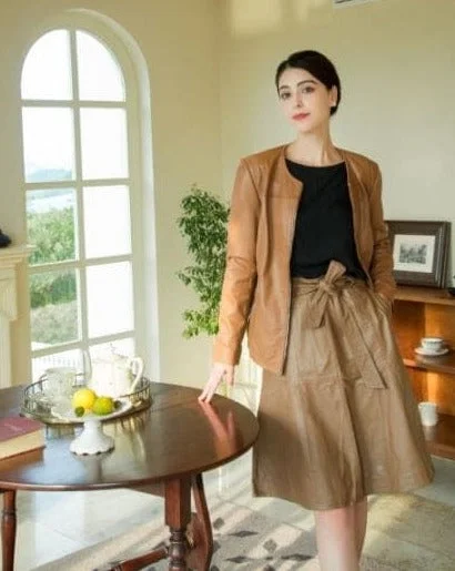 Woman Winter Cognac Skirt Leather Skirt GIA Classic Skirt - Cognac