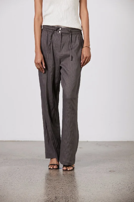 Jacque Pull On Linen Pant - Deep Taupe/Ecru Stripe