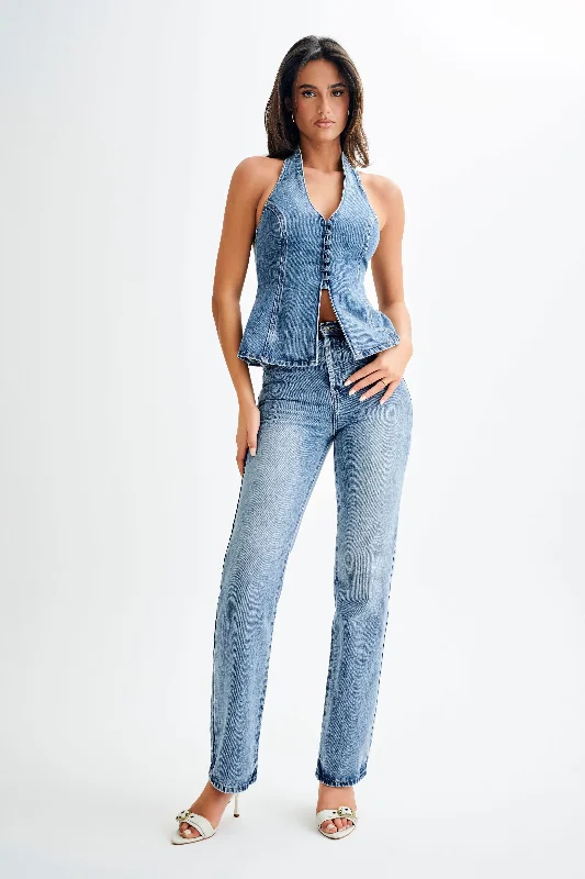 Janine High Waisted Straight Leg Jeans - Washed Mid Blue