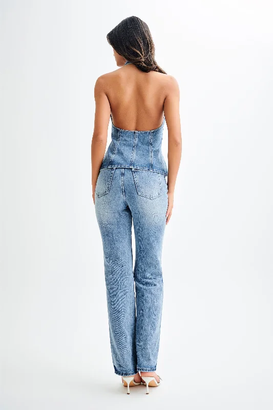 Janine High Waisted Straight Leg Jeans - Washed Mid Blue