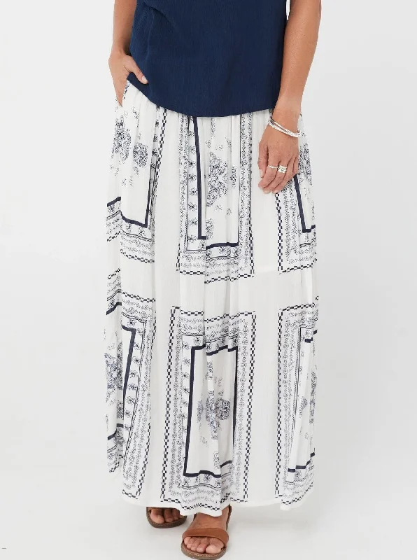 Woman Maxi Skirt Lacey Skirt - Blue Print in White