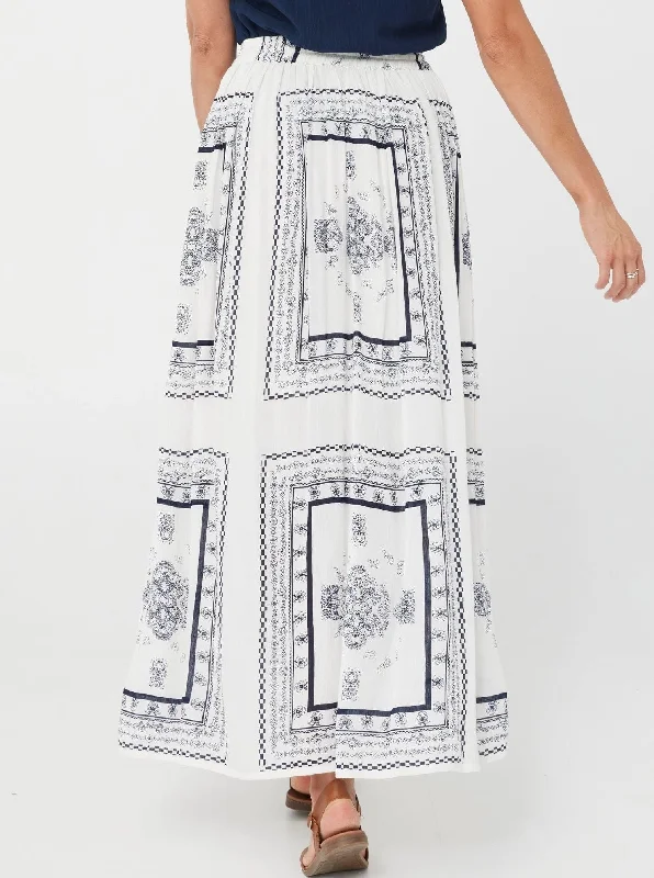 Woman Maxi Skirt Lacey Skirt - Blue Print in White