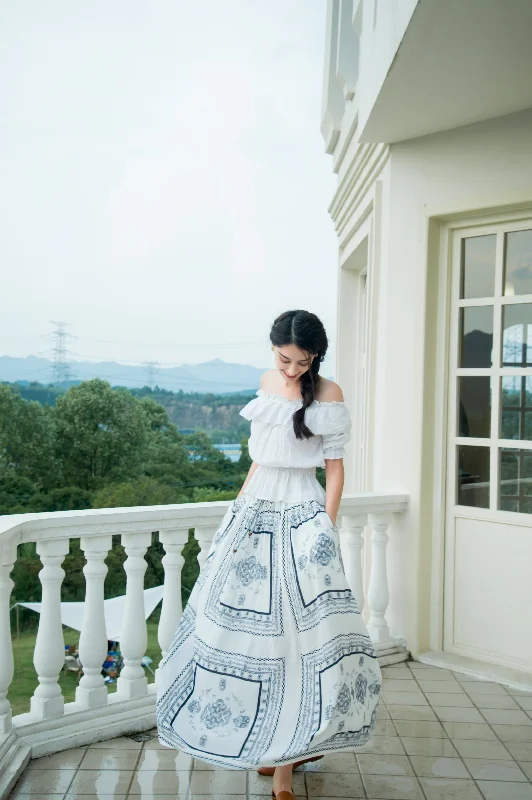 Woman Maxi Skirt Lacey Skirt - Blue Print in White