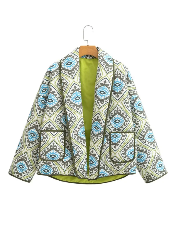 Oversized Floral Print and Contrast Binding Shawl Lapel Quilted Jacket