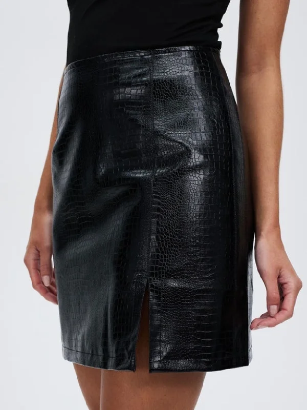 Women Basic High Waisted Mini Short Pencil Bodycon Faux Black Leather Skirt by Kaja Clothing - Miriam Skirt