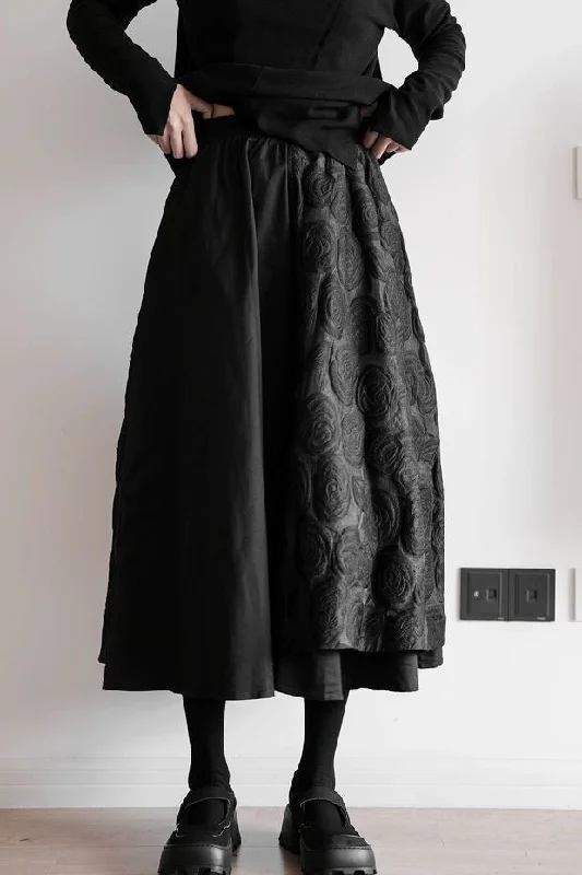 Women's Jacquard Dark Textured Double Layered Patchwork Large Hem Skirt-Kaori Skirt