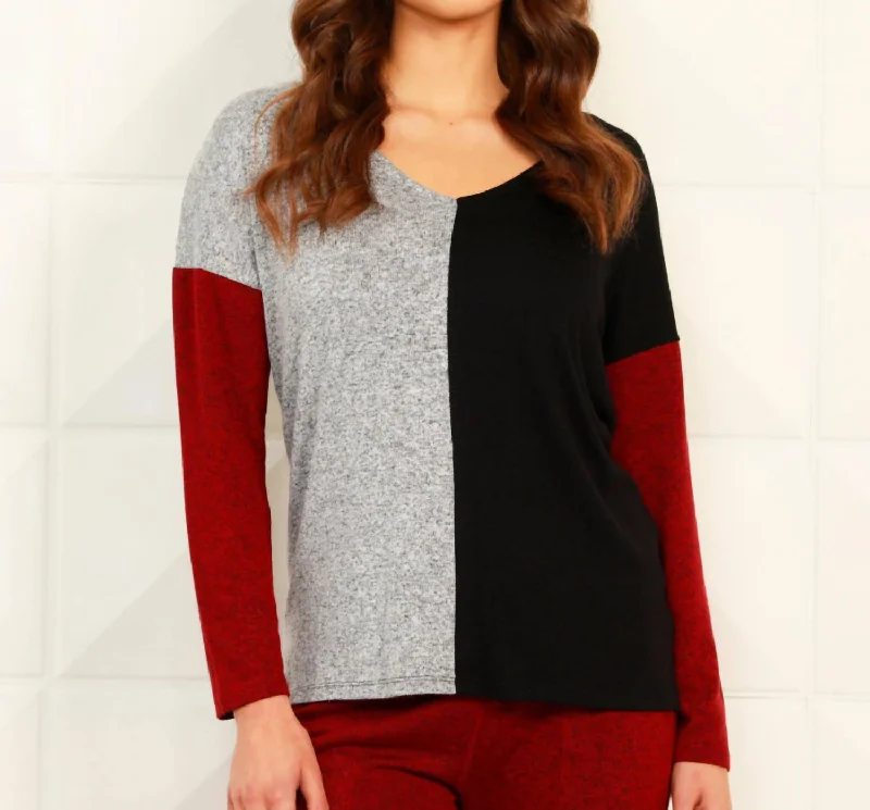 Color Block Open V-Neck Top In Black/wine