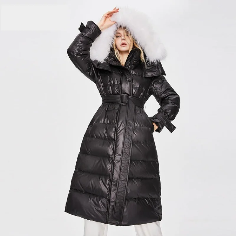 Womens Faux-Fur Hood Long Puffer Coat 900 Fill Down Jacket Black