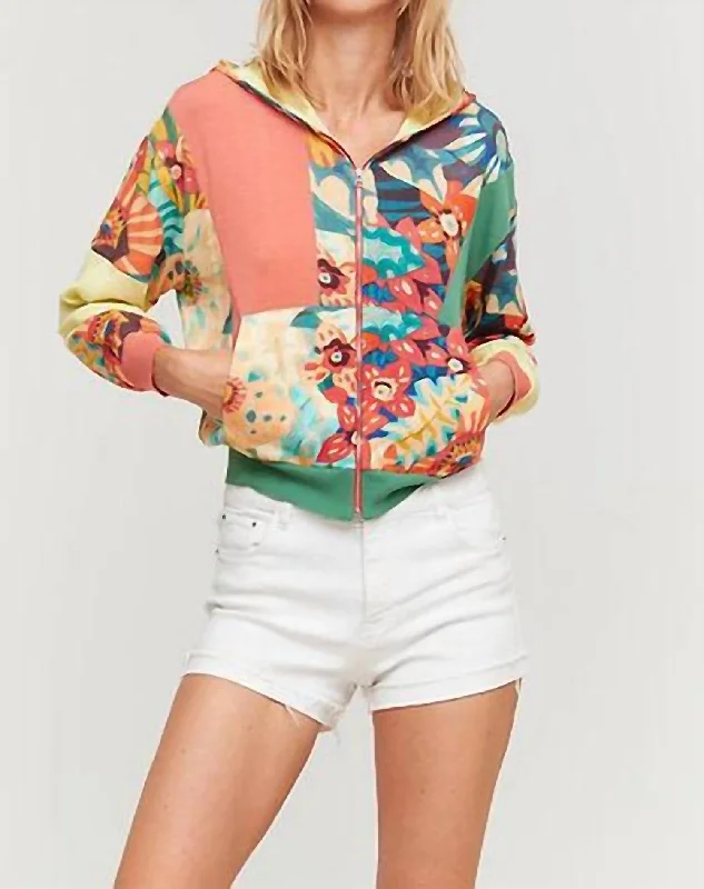 Zip Up Hoodie In Coral/multi