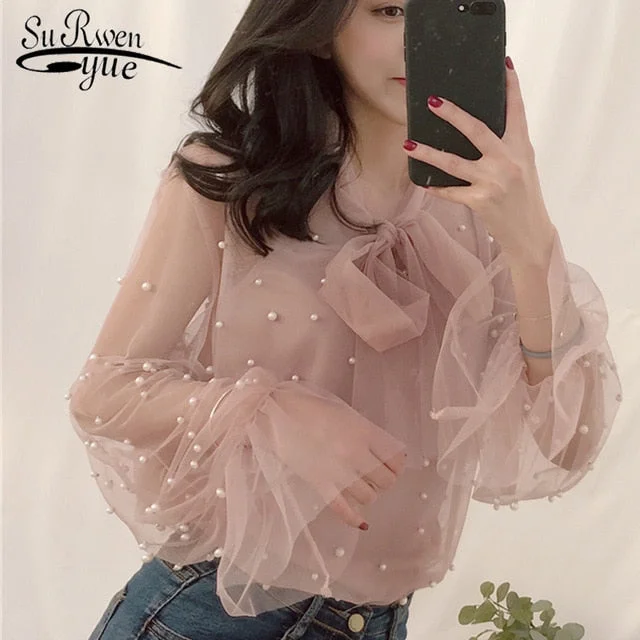 Blouse 2019 Summer Spring Women Chiffon Shirt Gauze Bow Beading Female Blouses Tops Office Shirts Blusa Pink White 4323 50