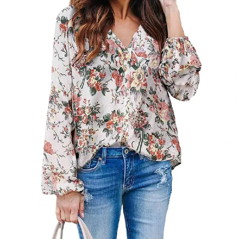 Women Spring Floral Print V Neck Long Sleeve Soft Bohemian Blouse