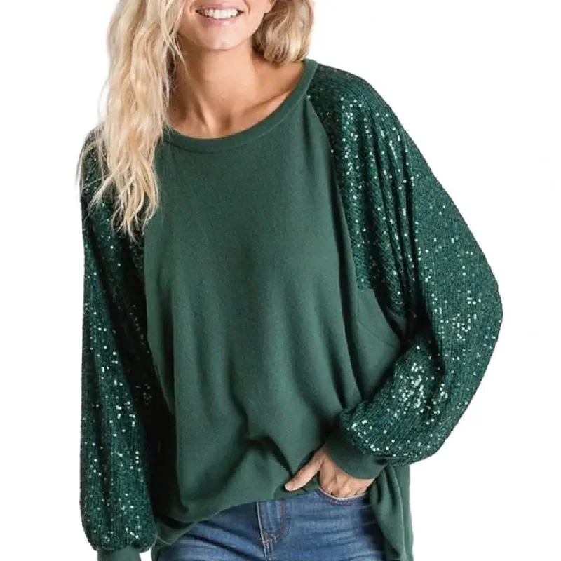 Women Spring Tops O-neck Sequin Patchwork Raglan Long Sleeve Blouse