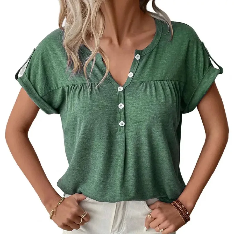 Women T-shirt Summer V Neck Solid Color Short Sleeve Pullover Blouse