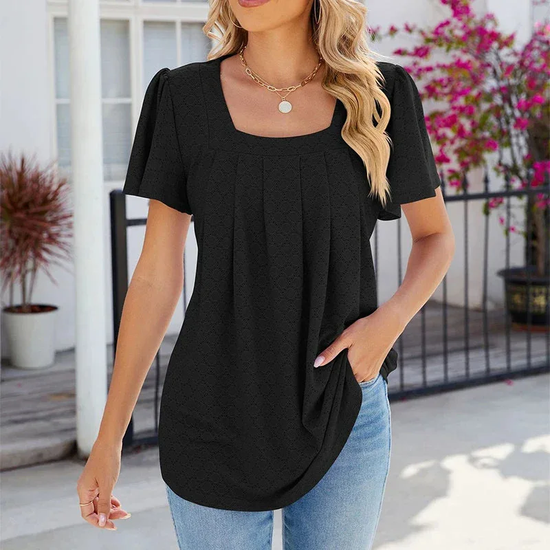 Square Pleated Short Sleeve Women's Casual Summer Street Outfit Blouse