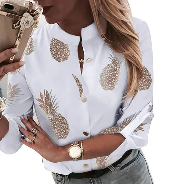 MoneRiff Women Tops And Blouse 2019 Autumn New Long Sleeve V Neck Pineapple Print Blouses Female Casual Loose Shirts Blusa