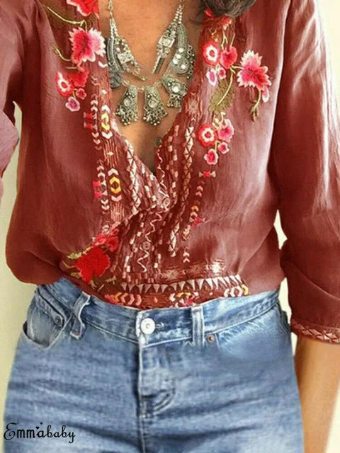 New Hot Sale Large Size Boho Women's Floral Embroidery Summer Top Blouses Long Sleeve Beach Loose Blouse Tops Shirts Clothes