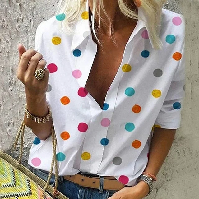 NIBESSER Summer Newest Fashion Women Blouses Casual Long Sleeve Loose Colorful Dot Print Sexy V Neck Tops Moda Blusas Plus Size