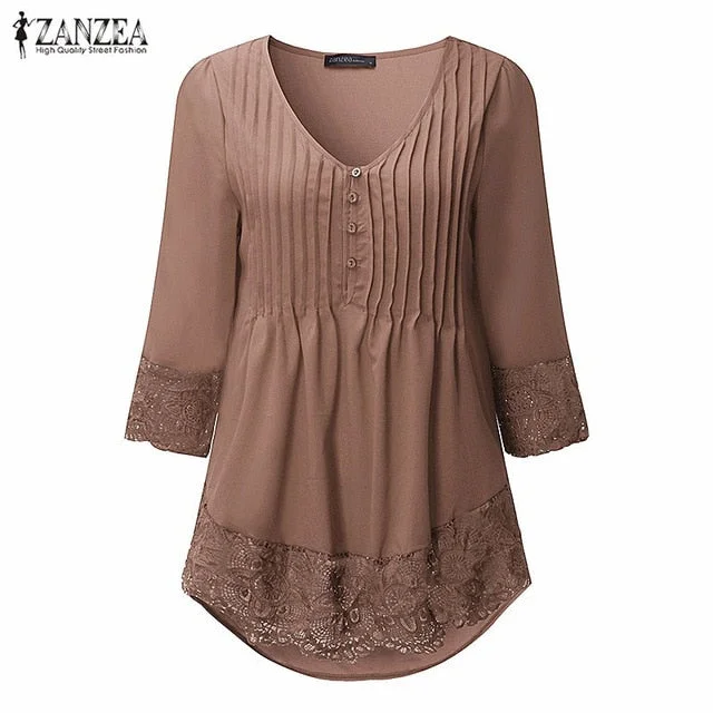 ZANZEA Women 2019 Autumn Elegant Lace Blouses Shirts Sexy V Neck Casual 3/4 Sleeve Asymmetrical Solid Blusas Tops Oversized