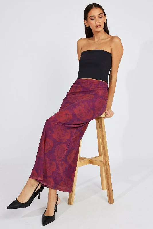 Red Floral Maxi Skirt High Rise Mesh