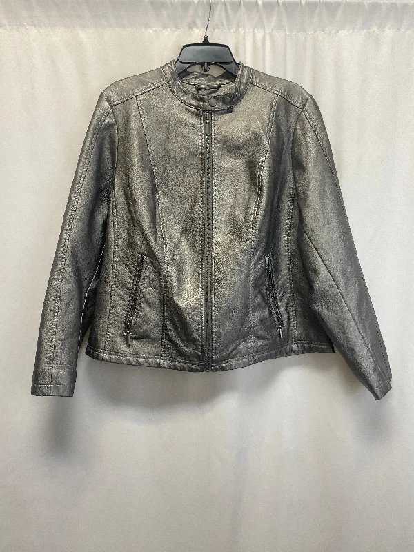 Jacket Moto By Baccini In Silver, Size: 1x