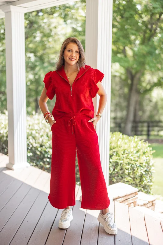 Everyday Elegance Red Textured Pants