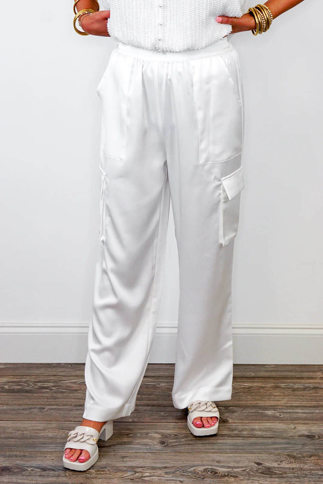 Satin Dreams White Cargo Pants