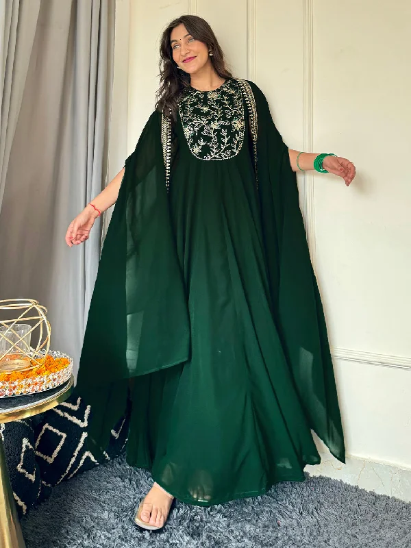 Dark Green Georgette Embroidered Anarkali Dress With Cape