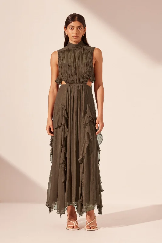 ODEN BACKLESS FRILL MAXI DRESS - OLIVE