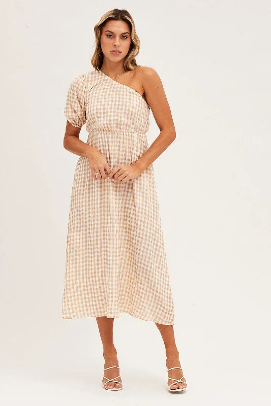 Stripe Check One Shoulder Midi Dress