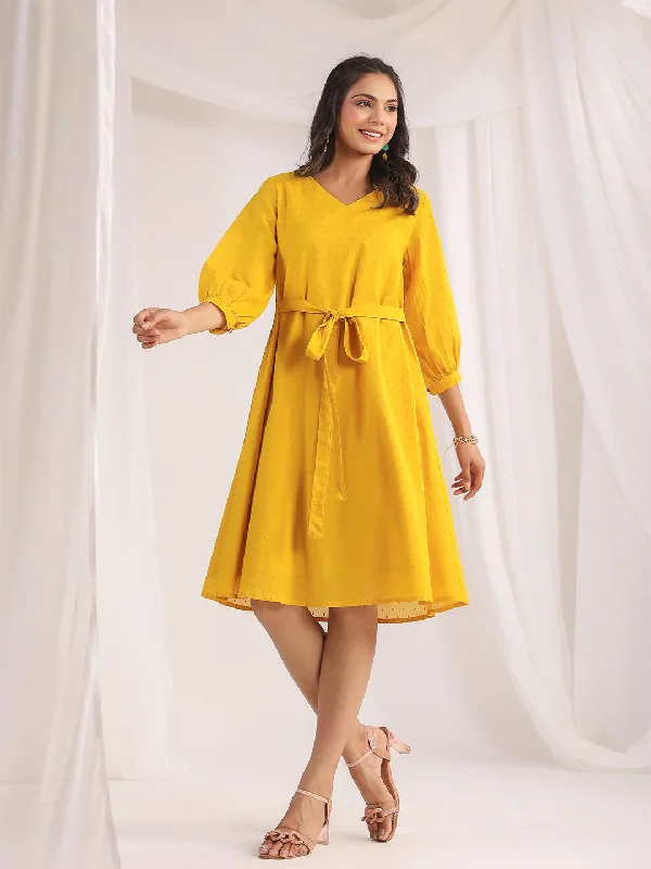 Yellow Dobby Cotton Self Design A-Line Dress